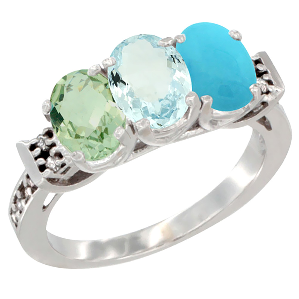 10K White Gold Natural Green Amethyst, Aquamarine &amp; Turquoise Ring 3-Stone Oval 7x5 mm Diamond Accent, sizes 5 - 10