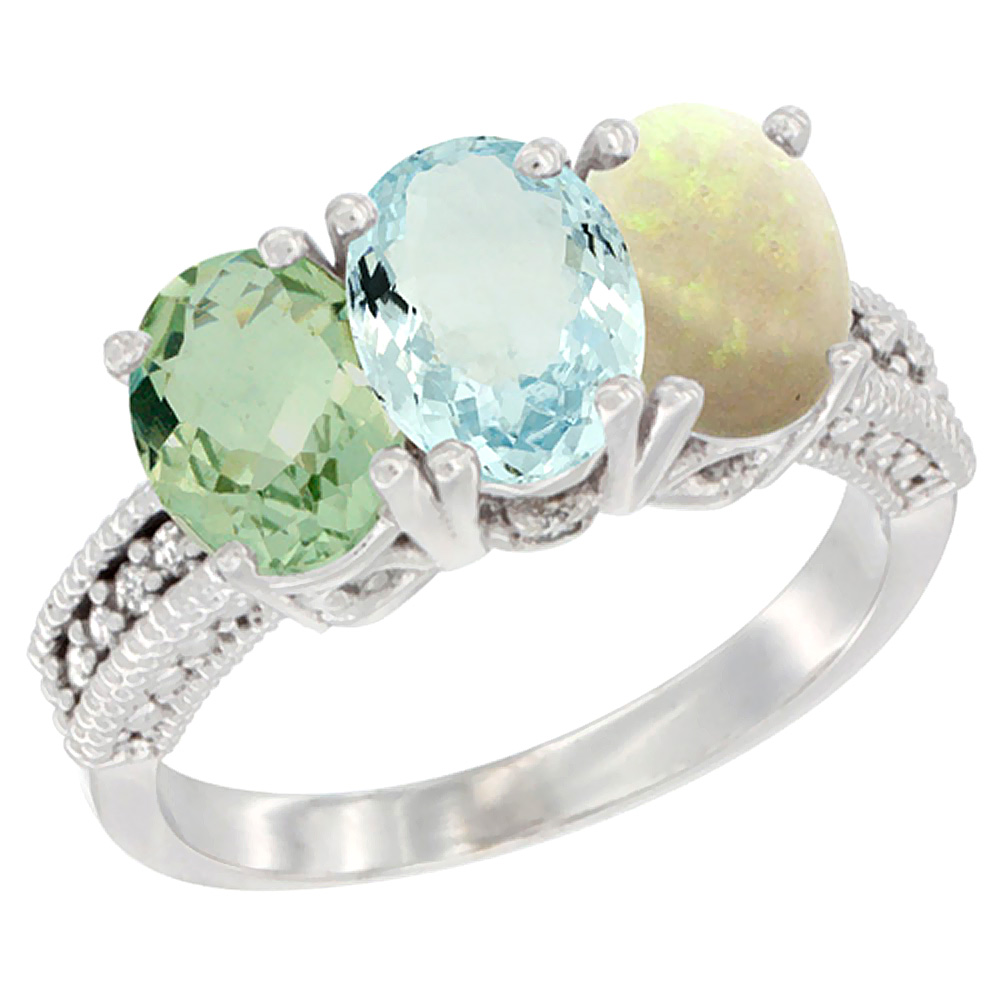14K White Gold Natural Green Amethyst, Aquamarine & Opal Ring 3-Stone 7x5 mm Oval Diamond Accent, sizes 5 - 10