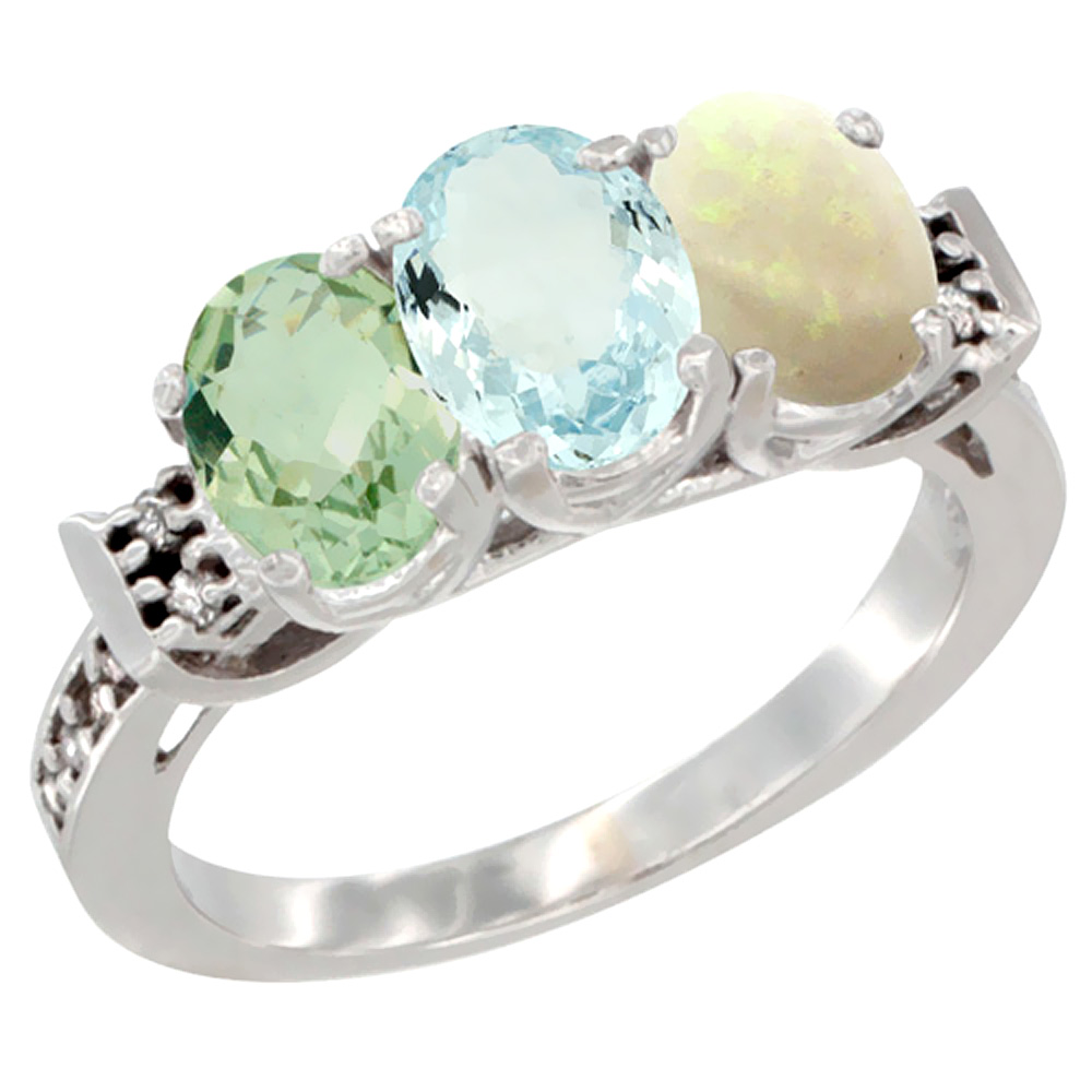 14K White Gold Natural Green Amethyst, Aquamarine &amp; Opal Ring 3-Stone 7x5 mm Oval Diamond Accent, sizes 5 - 10