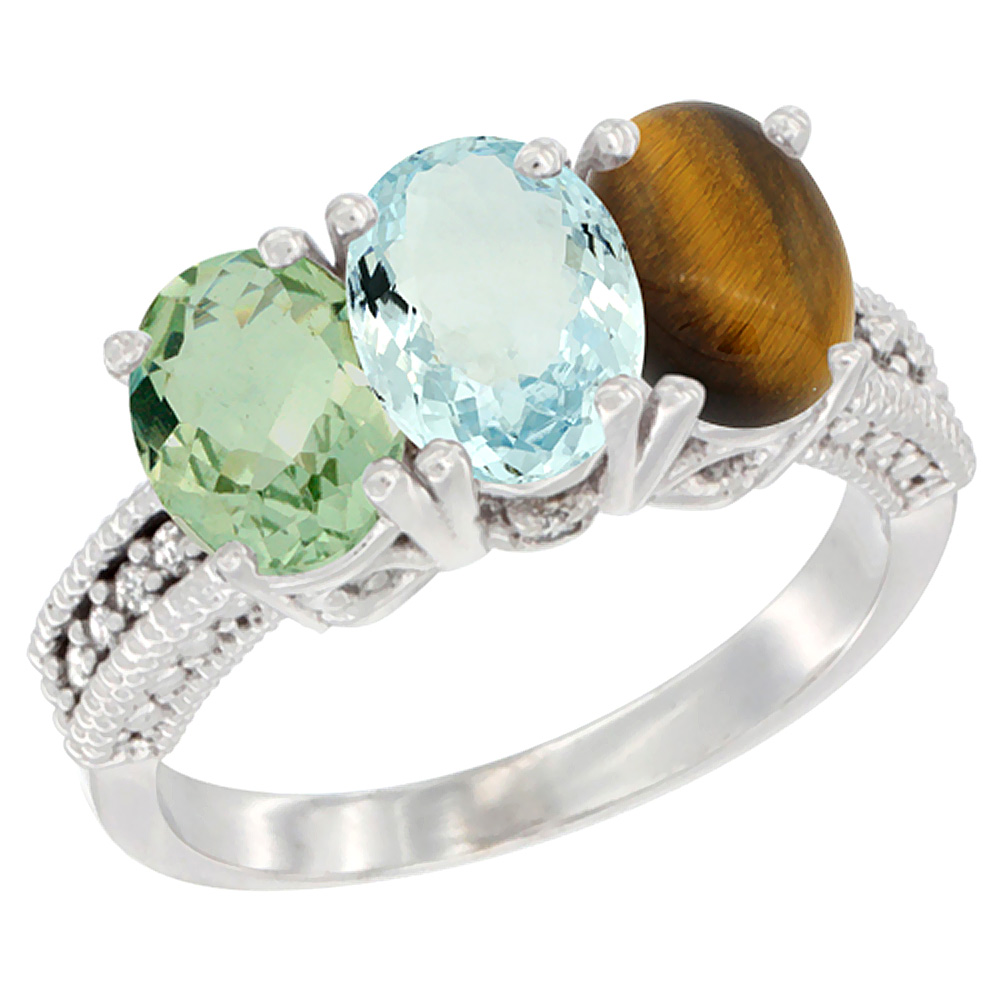 14K White Gold Natural Green Amethyst, Aquamarine &amp; Tiger Eye Ring 3-Stone 7x5 mm Oval Diamond Accent, sizes 5 - 10