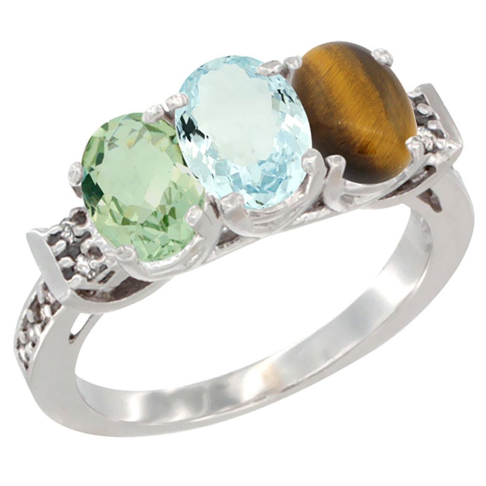 14K White Gold Natural Green Amethyst, Aquamarine & Tiger Eye Ring 3-Stone 7x5 mm Oval Diamond Accent, sizes 5 - 10