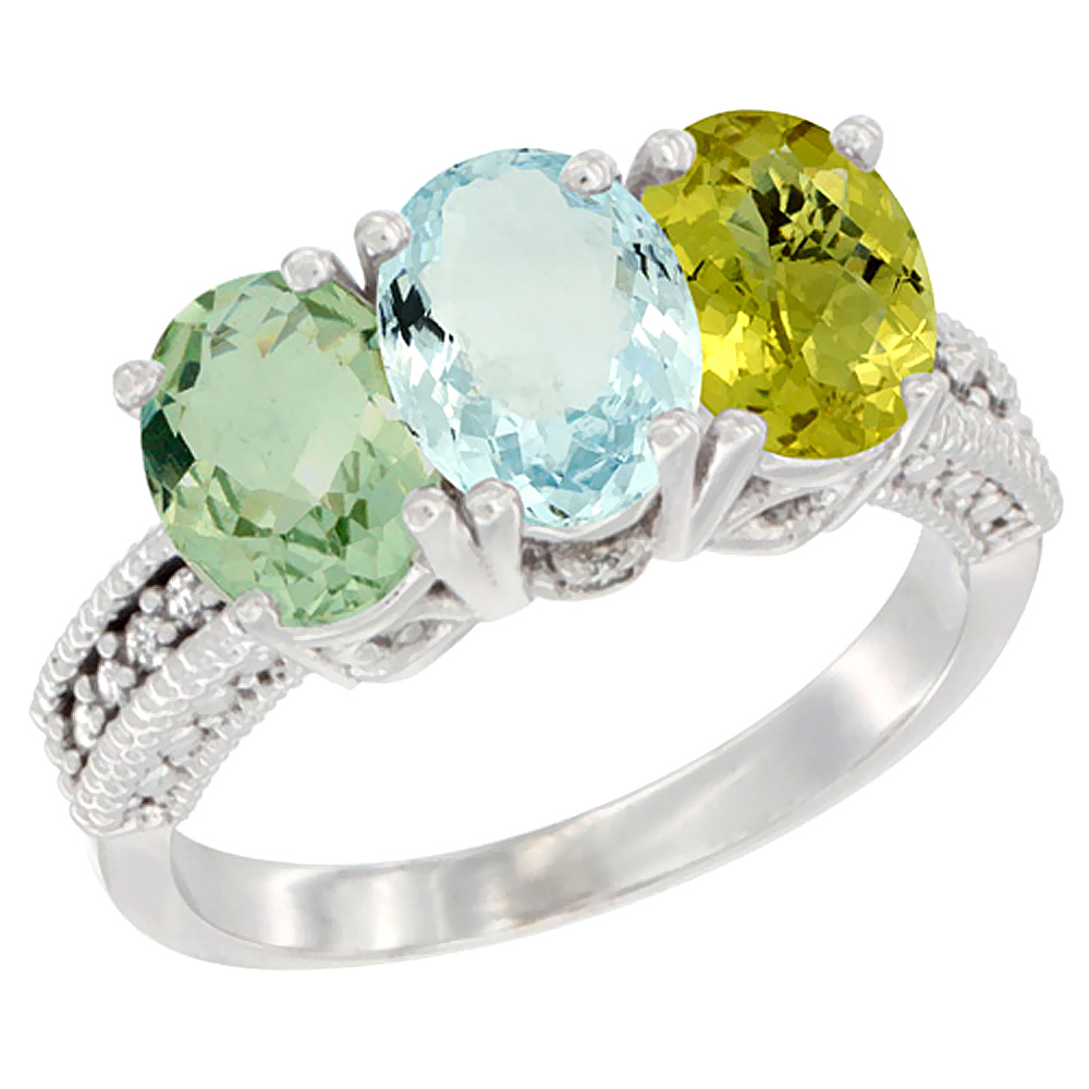 14K White Gold Natural Green Amethyst, Aquamarine &amp; Lemon Quartz Ring 3-Stone 7x5 mm Oval Diamond Accent, sizes 5 - 10