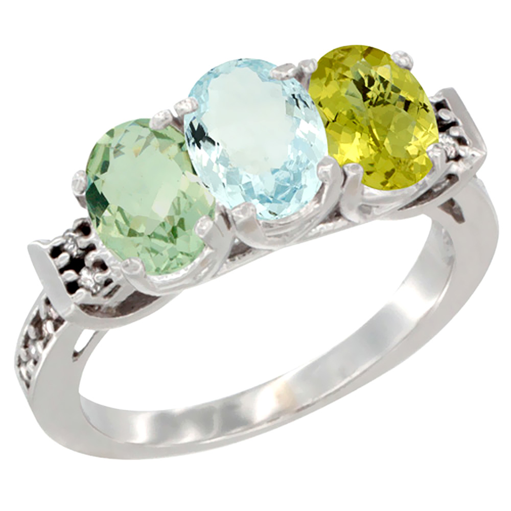 10K White Gold Natural Green Amethyst, Aquamarine & Lemon Quartz Ring 3-Stone Oval 7x5 mm Diamond Accent, sizes 5 - 10