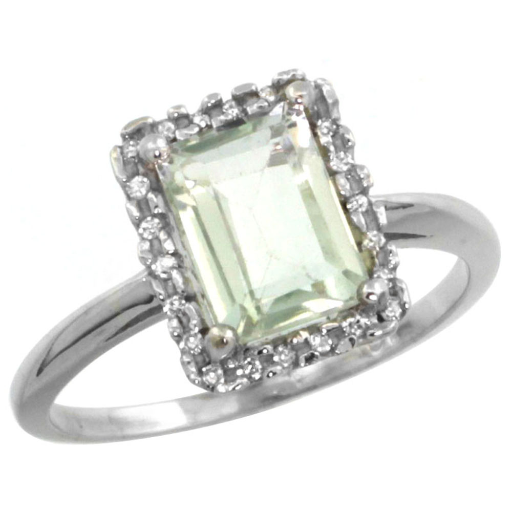 14K White Gold Diamond Natural Green Amethyst Ring Emerald-cut 8x6mm, sizes 5-10