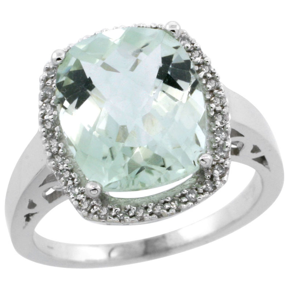 14K White Gold Diamond Natural Green Amethyst Ring Cushion-cut 12x10mm, sizes 5-10