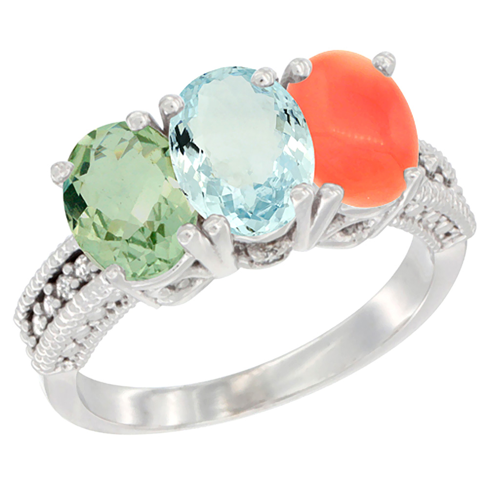 14K White Gold Natural Green Amethyst, Aquamarine & Coral Ring 3-Stone 7x5 mm Oval Diamond Accent, sizes 5 - 10