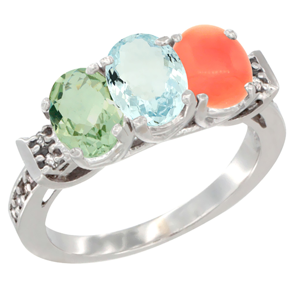 10K White Gold Natural Green Amethyst, Aquamarine & Coral Ring 3-Stone Oval 7x5 mm Diamond Accent, sizes 5 - 10