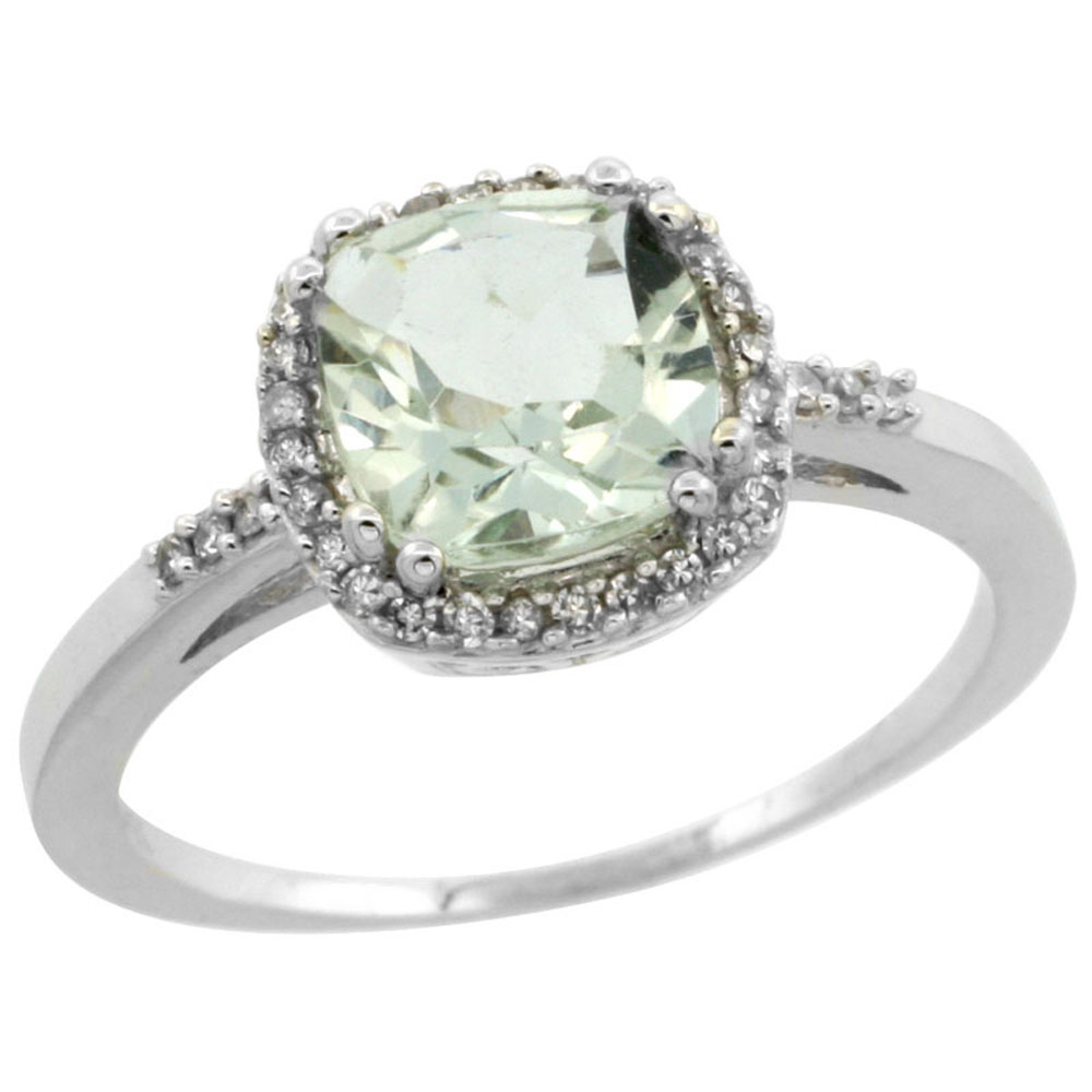 14K White Gold Diamond Natural Green Amethyst Ring Cushion-cut 7x7mm, sizes 5-10