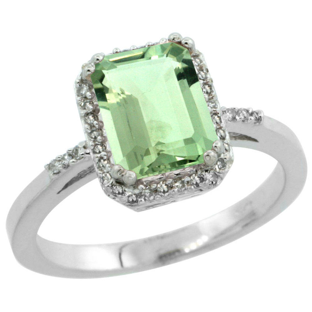 10K White Gold Diamond Genuine Green Amethyst Ring Emerald-cut 8x6mm sizes 5-10