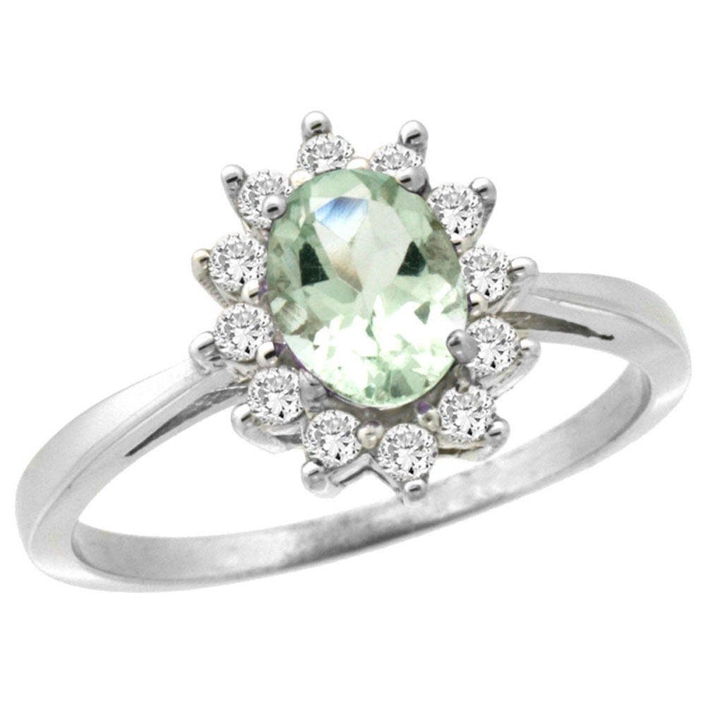 14K White Gold Natural Green Amethyst Engagement Ring Oval 7x5mm Diamond Halo, sizes 5-10