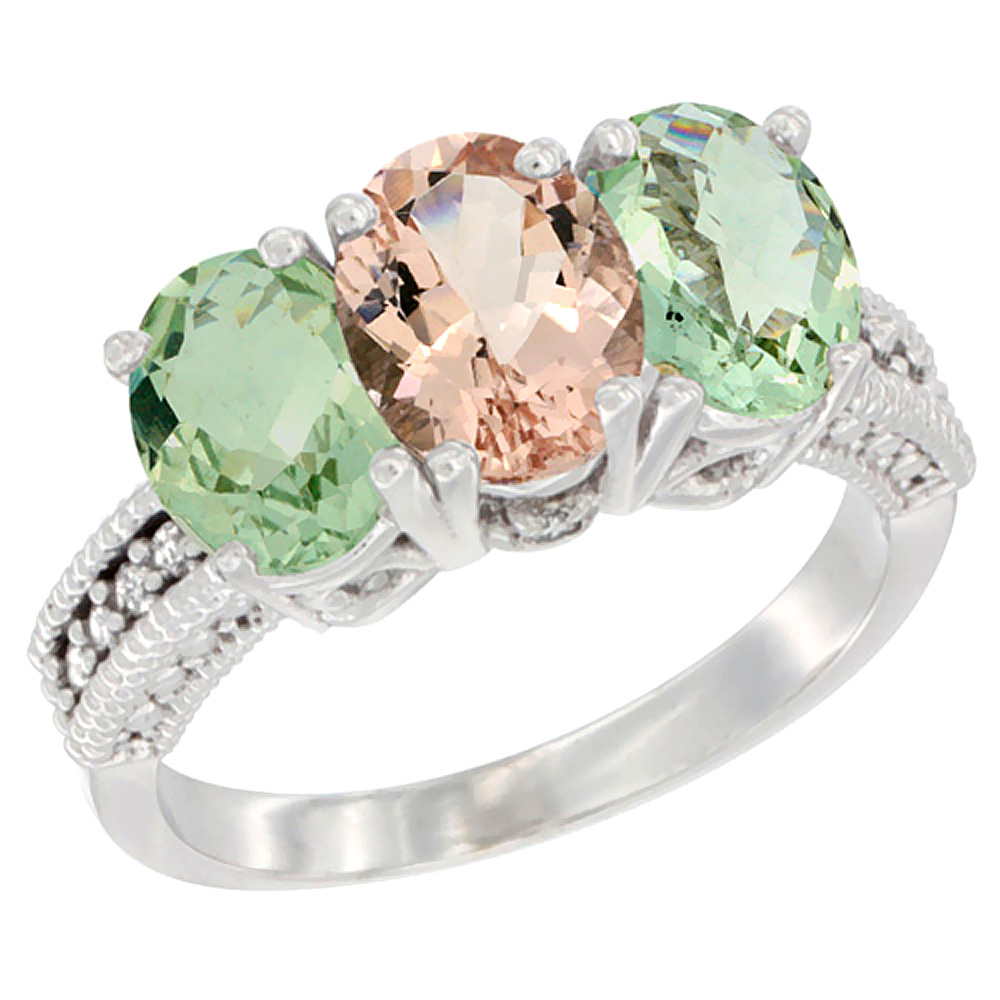 14K White Gold Natural Morganite & Green Amethyst Sides Ring 3-Stone 7x5 mm Oval Diamond Accent, sizes 5 - 10
