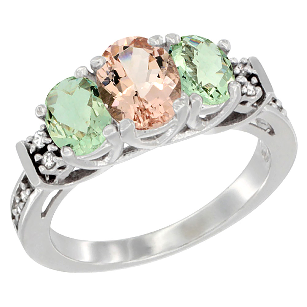 10K White Gold Natural Morganite & Green Amethyst Ring 3-Stone Oval Diamond Accent, sizes 5-10
