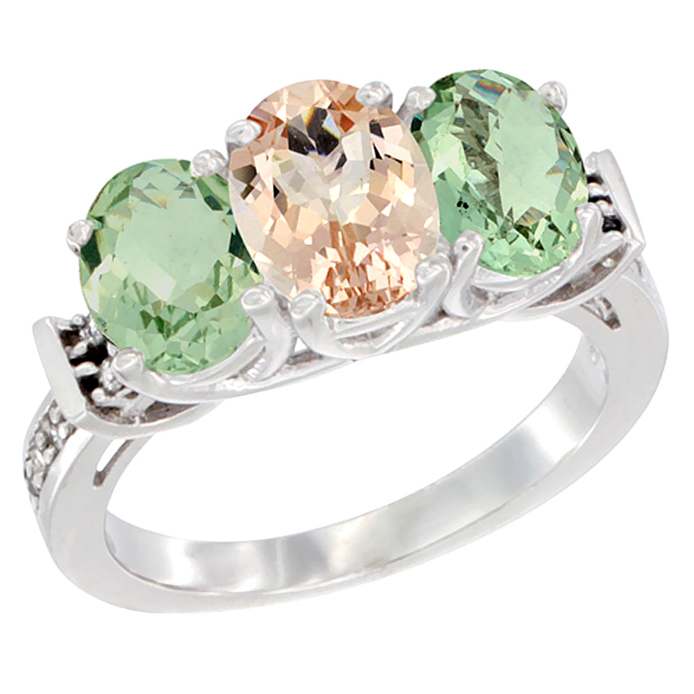 14K White Gold Natural Morganite & Green Amethyst Sides Ring 3-Stone Oval Diamond Accent, sizes 5 - 10