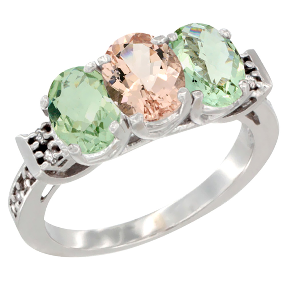 14K White Gold Natural Morganite &amp; Green Amethyst Sides Ring 3-Stone 7x5 mm Oval Diamond Accent, sizes 5 - 10