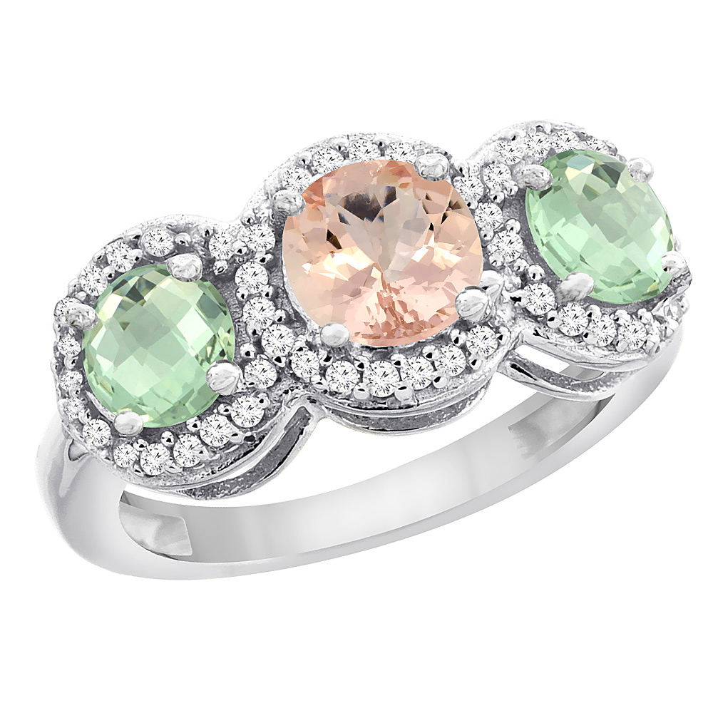 10K White Gold Natural Morganite &amp; Green Amethyst Sides Round 3-stone Ring Diamond Accents, sizes 5 - 10