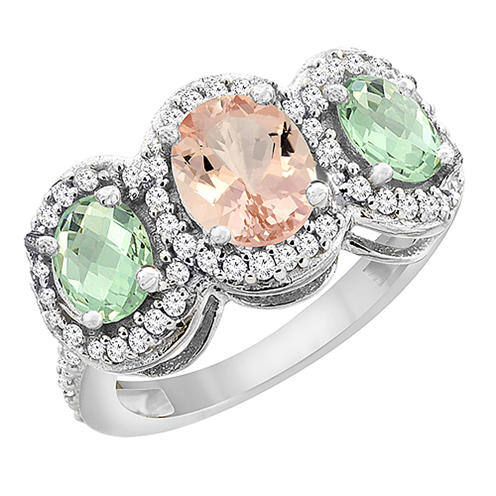 10K White Gold Natural Morganite &amp; Green Amethyst 3-Stone Ring Oval Diamond Accent, sizes 5 - 10