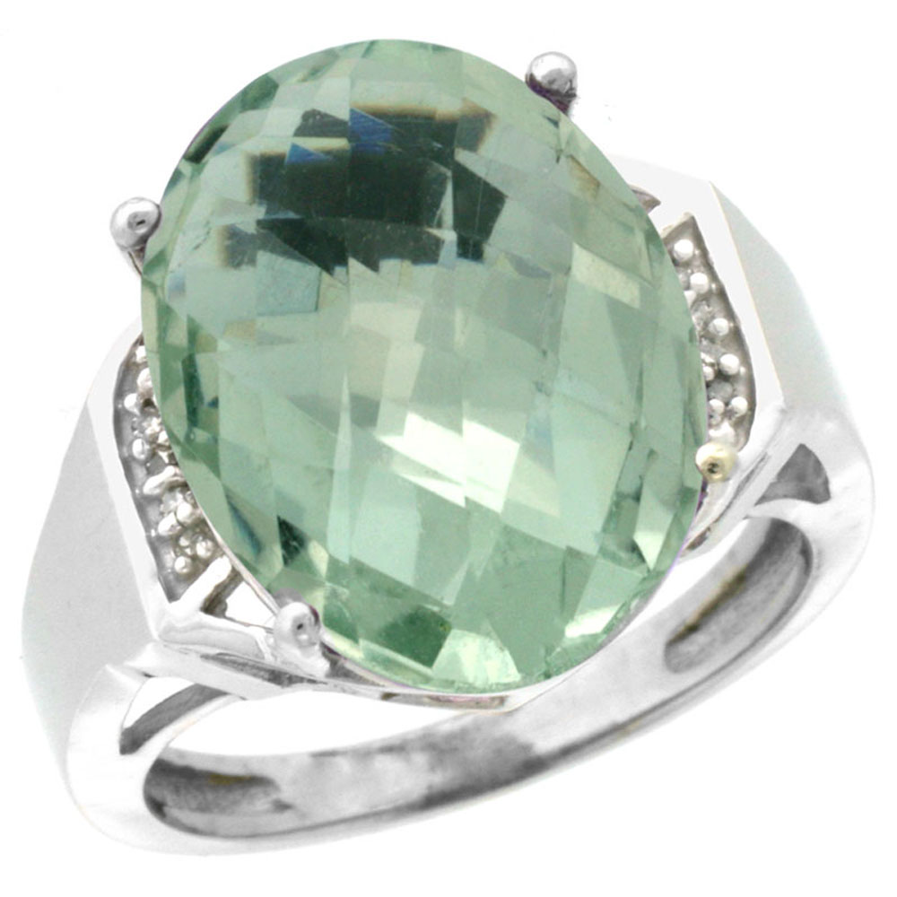 14K White Gold Diamond Natural Green Amethyst Ring Oval 16x12mm, sizes 5-10