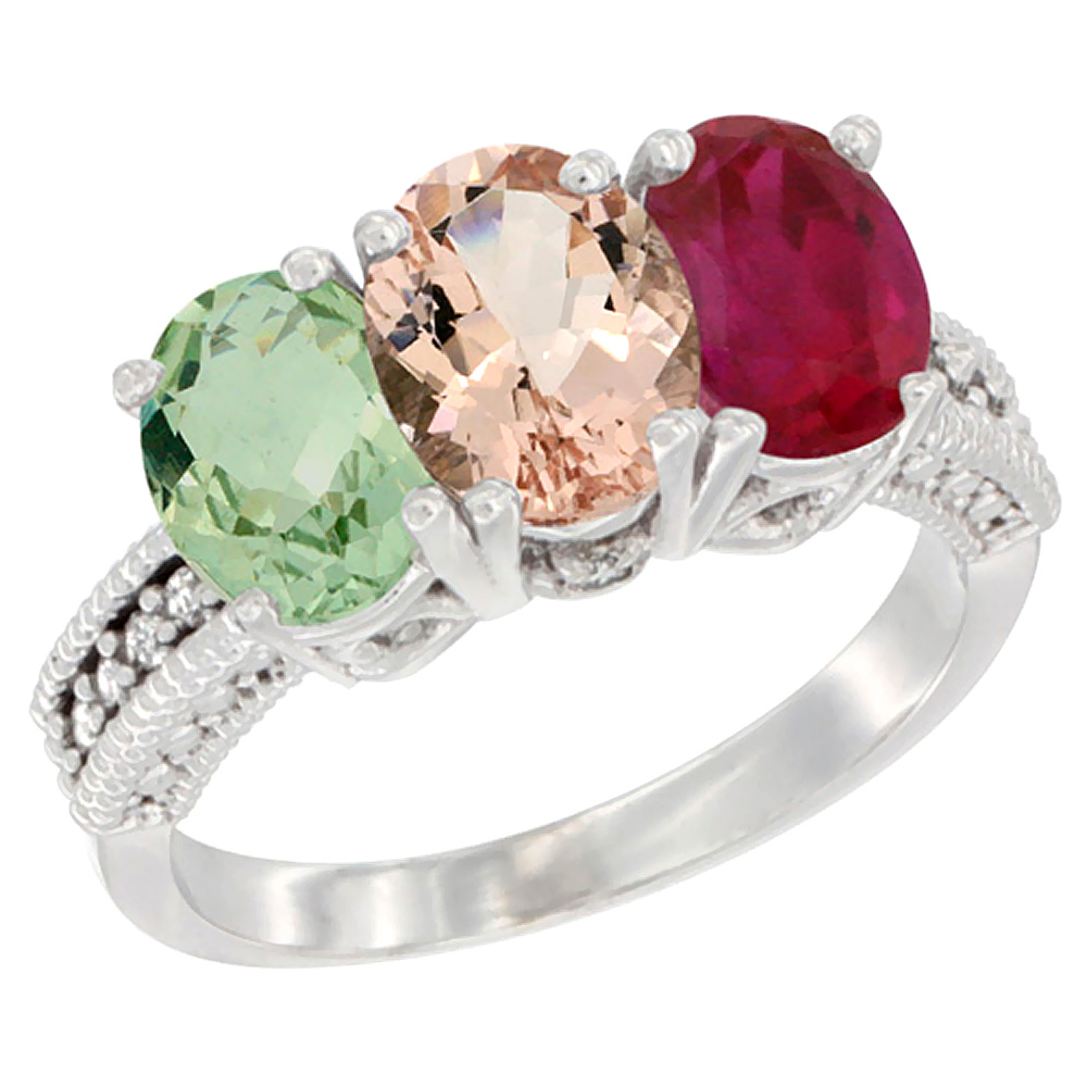 14K White Gold Natural Green Amethyst, Morganite & Enhanced Ruby Ring 3-Stone 7x5 mm Oval Diamond Accent, sizes 5 - 10