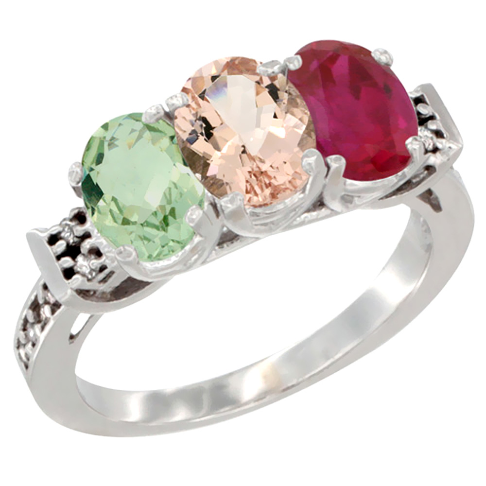 10K White Gold Natural Green Amethyst, Morganite &amp; Enhanced Ruby Ring 3-Stone Oval 7x5 mm Diamond Accent, sizes 5 - 10
