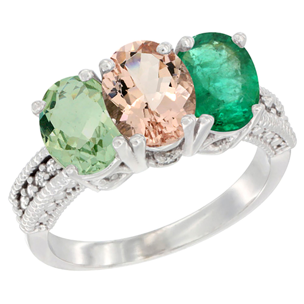 14K White Gold Natural Green Amethyst, Morganite & Emerald Ring 3-Stone 7x5 mm Oval Diamond Accent, sizes 5 - 10