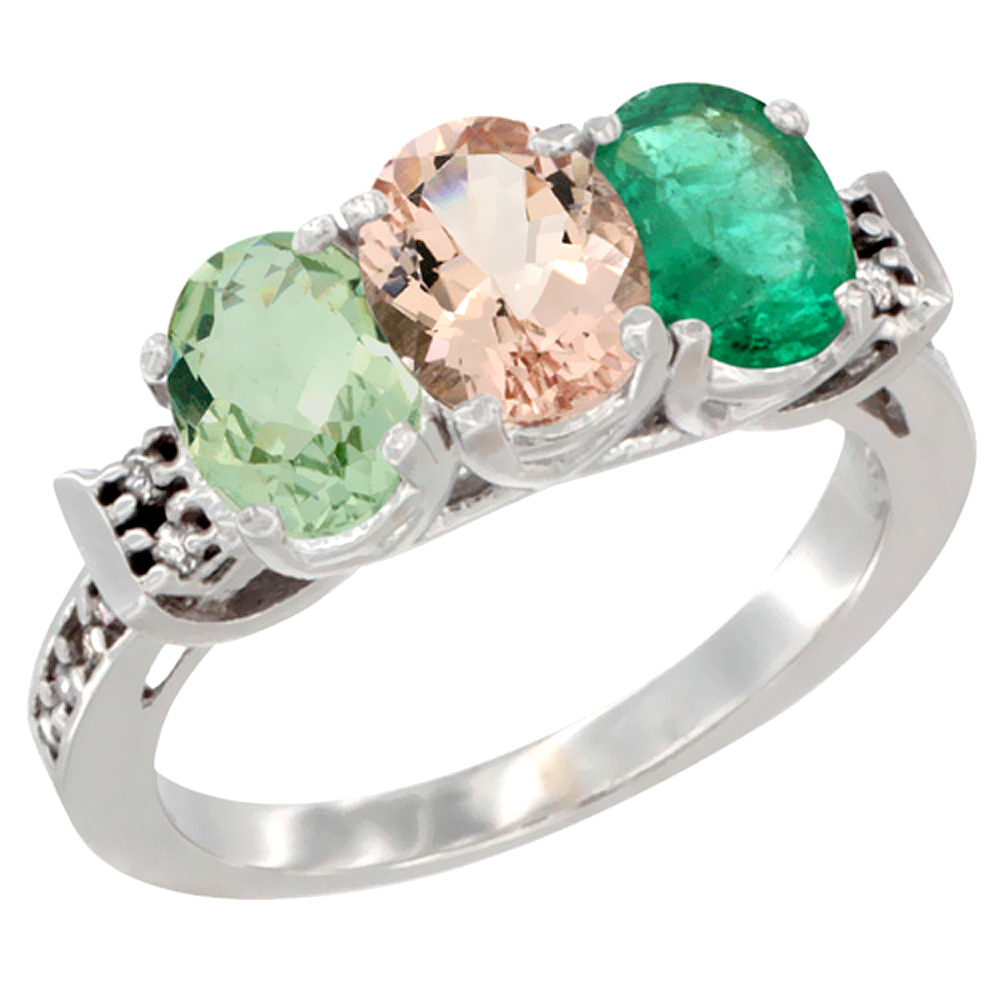 10K White Gold Natural Green Amethyst, Morganite &amp; Emerald Ring 3-Stone Oval 7x5 mm Diamond Accent, sizes 5 - 10
