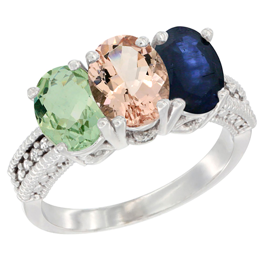 14K White Gold Natural Green Amethyst, Morganite &amp; Blue Sapphire Ring 3-Stone 7x5 mm Oval Diamond Accent, sizes 5 - 10