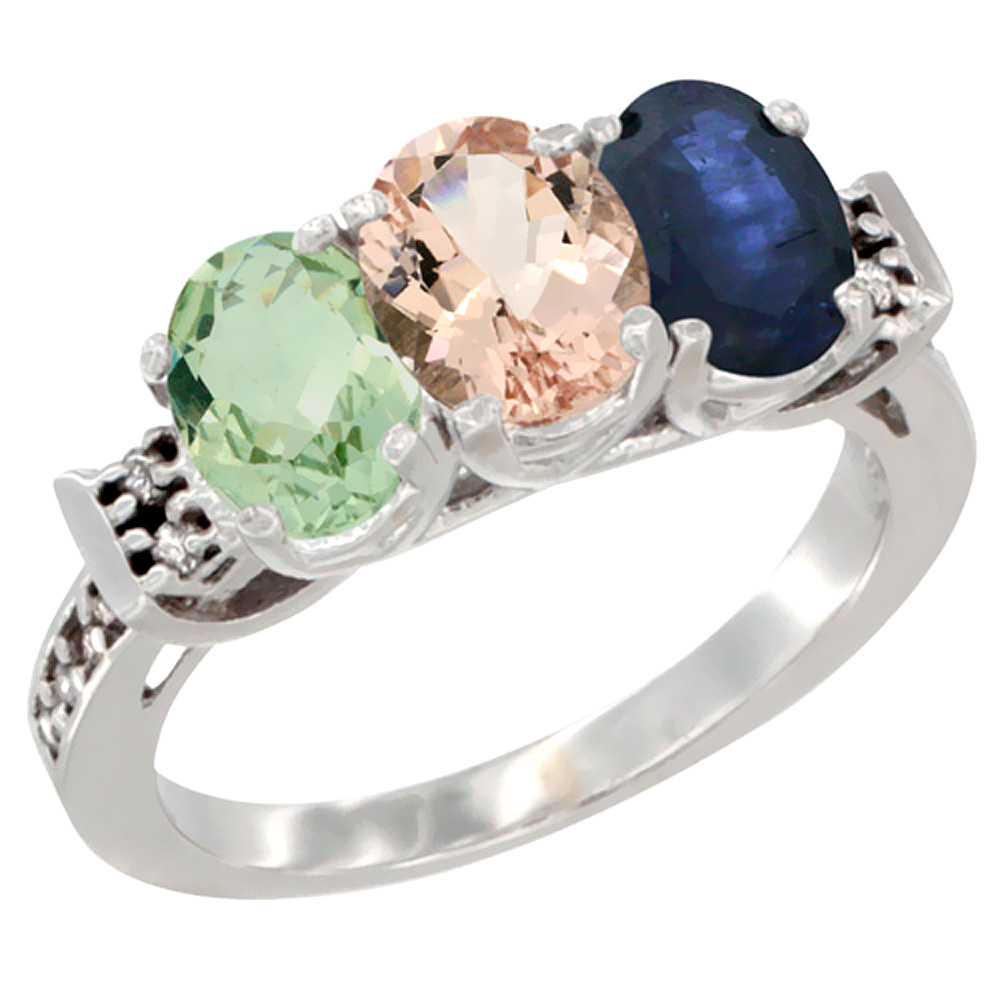 14K White Gold Natural Green Amethyst, Morganite & Blue Sapphire Ring 3-Stone 7x5 mm Oval Diamond Accent, sizes 5 - 10