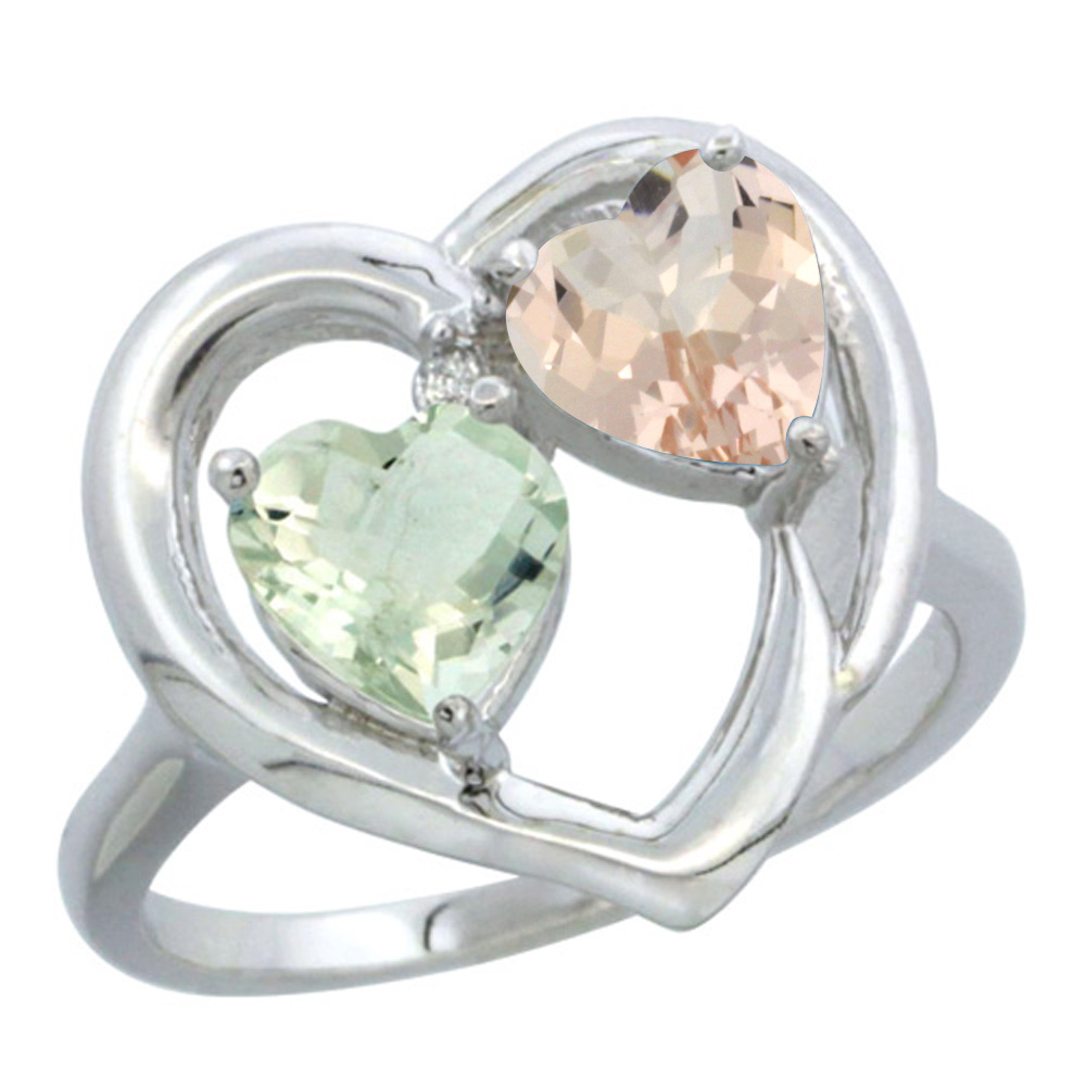 14K White Gold Diamond Two-stone Heart Ring 6mm Natural Green Amethyst &amp; Morganite, sizes 5-10