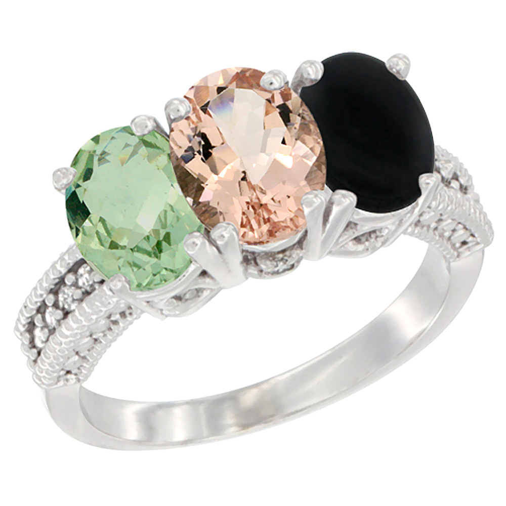 14K White Gold Natural Green Amethyst, Morganite & Black Onyx Ring 3-Stone 7x5 mm Oval Diamond Accent, sizes 5 - 10