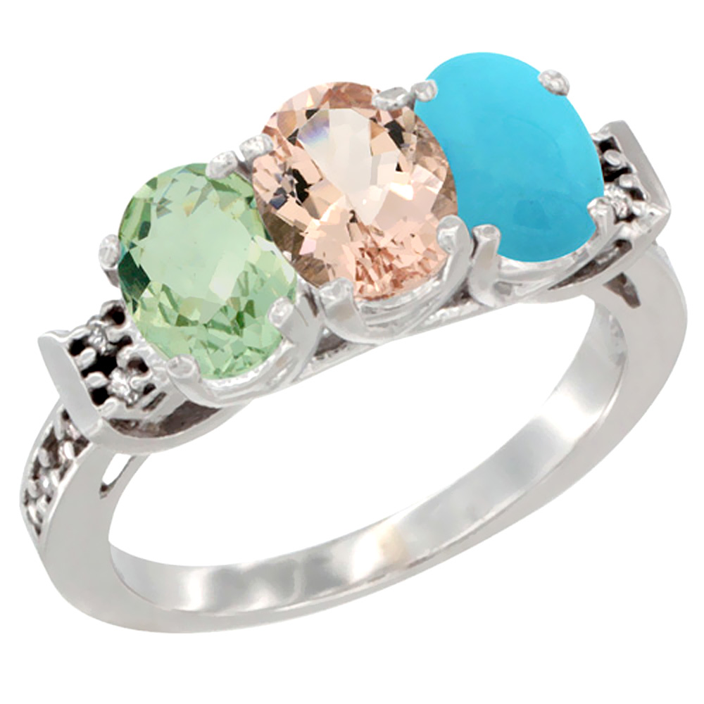 14K White Gold Natural Green Amethyst, Morganite & Turquoise Ring 3-Stone 7x5 mm Oval Diamond Accent, sizes 5 - 10