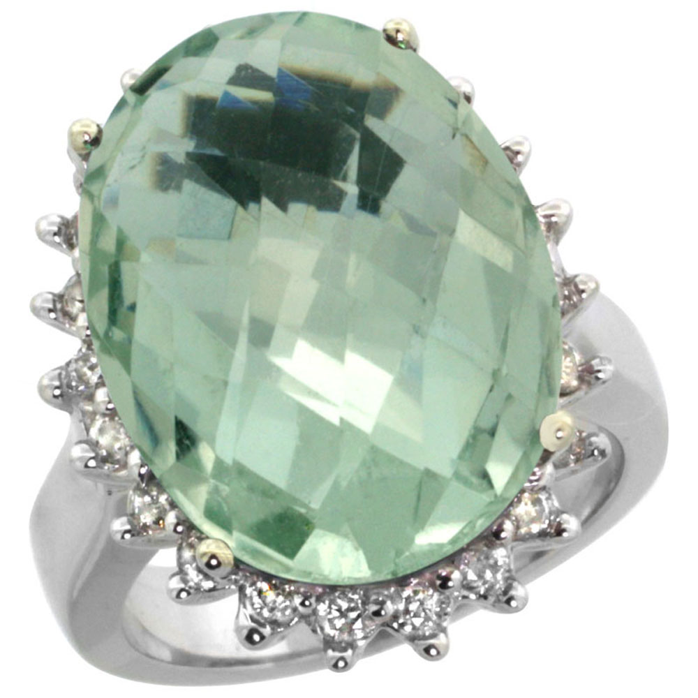 14k White Gold Diamond Halo Natural Green Amethyst Ring Large Oval 18x13mm, sizes 5-10
