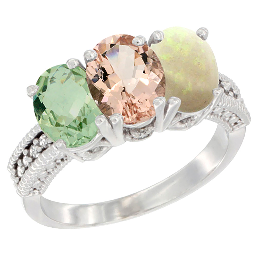 10K White Gold Natural Green Amethyst, Morganite &amp; Opal Ring 3-Stone Oval 7x5 mm Diamond Accent, sizes 5 - 10