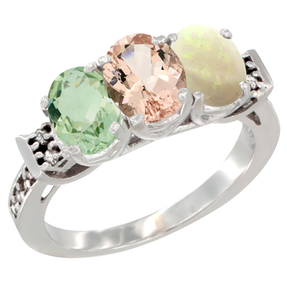 10K White Gold Natural Green Amethyst, Morganite &amp; Opal Ring 3-Stone Oval 7x5 mm Diamond Accent, sizes 5 - 10