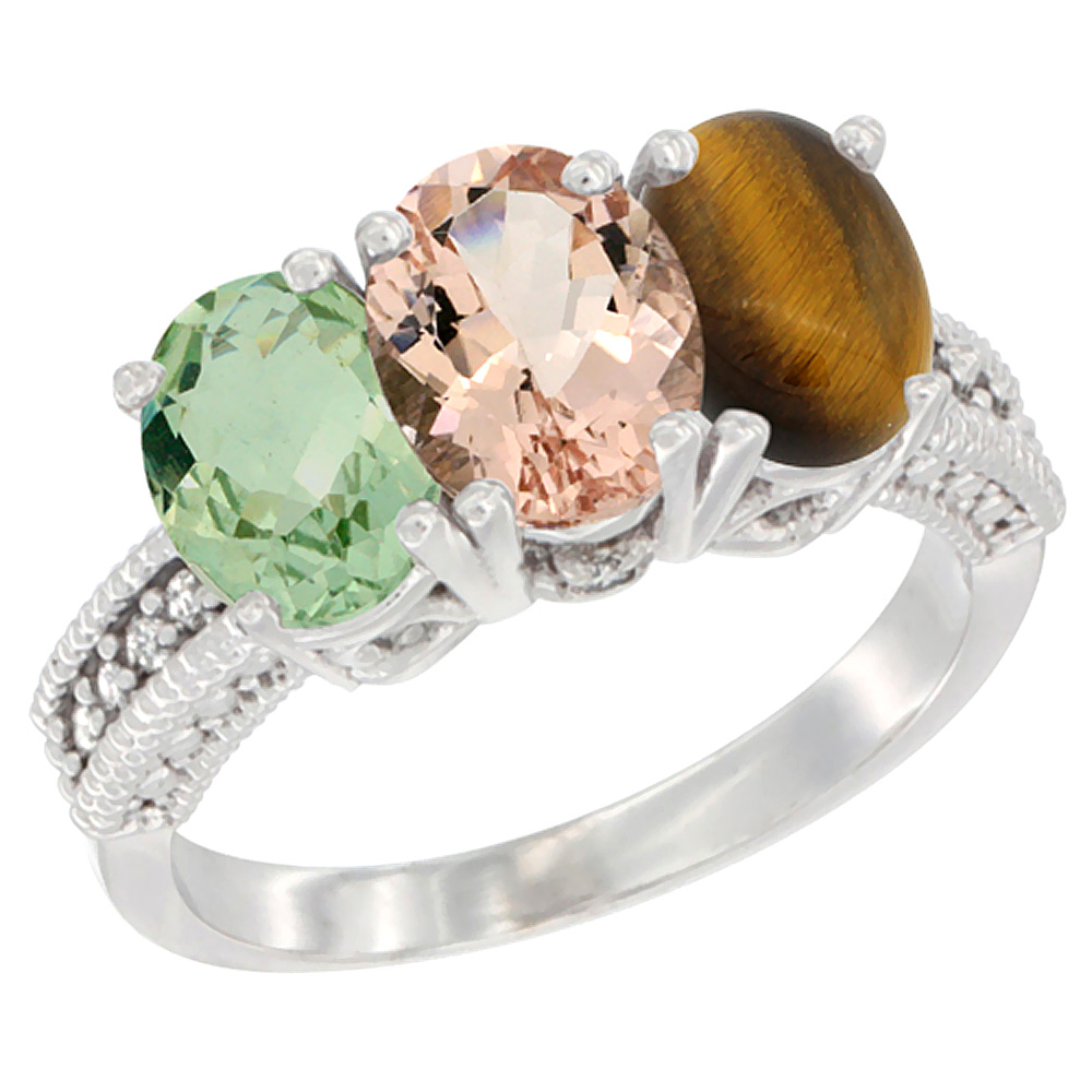 10K White Gold Natural Green Amethyst, Morganite & Tiger Eye Ring 3-Stone Oval 7x5 mm Diamond Accent, sizes 5 - 10
