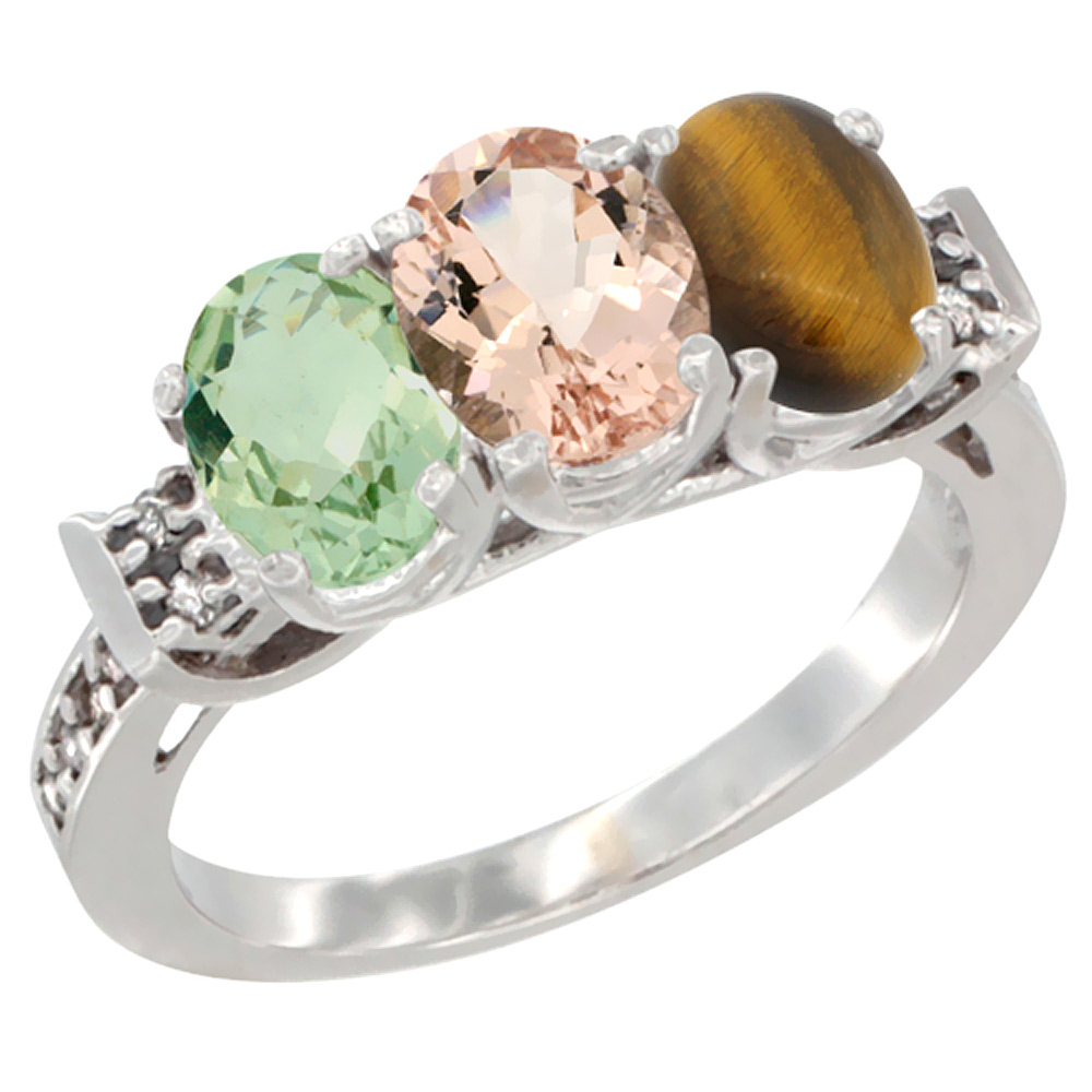10K White Gold Natural Green Amethyst, Morganite &amp; Tiger Eye Ring 3-Stone Oval 7x5 mm Diamond Accent, sizes 5 - 10