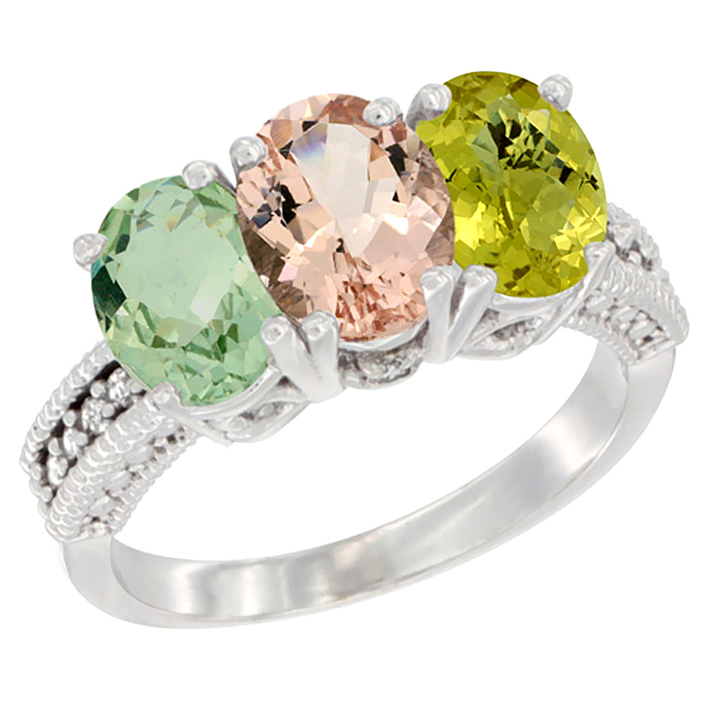 14K White Gold Natural Green Amethyst, Morganite &amp; Lemon Quartz Ring 3-Stone 7x5 mm Oval Diamond Accent, sizes 5 - 10