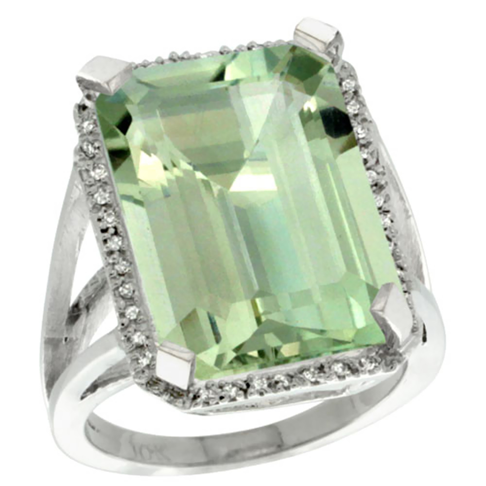 14K White Gold Natural Diamond Green Amethyst Ring Emerald-cut 18x13mm, sizes 5-10