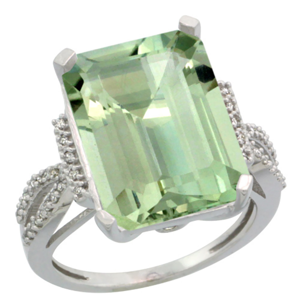 10K White Gold Genuine Diamond Green Amethyst Ring Emerald-cut 16x12mm sizes 5-10