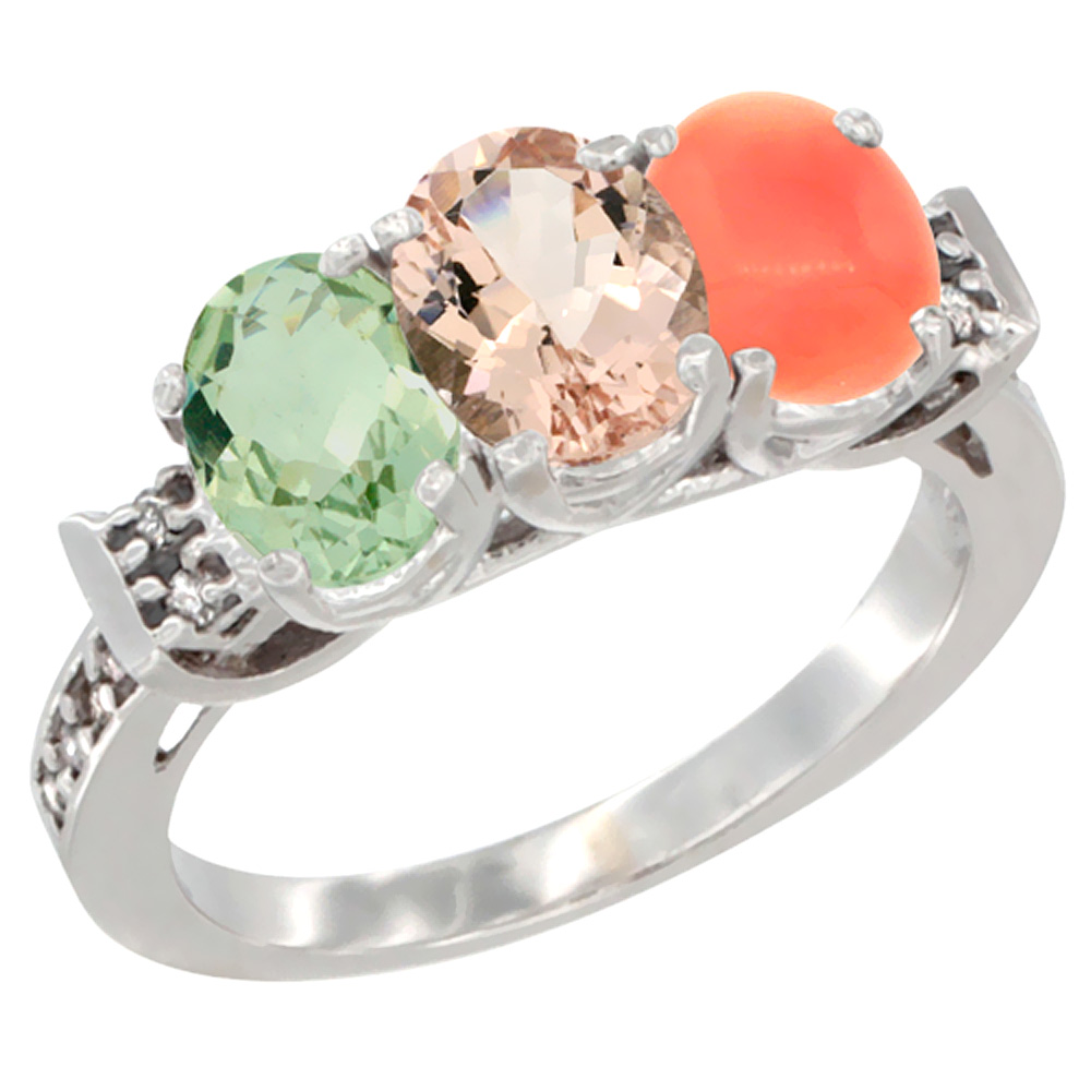 10K White Gold Natural Green Amethyst, Morganite & Coral Ring 3-Stone Oval 7x5 mm Diamond Accent, sizes 5 - 10
