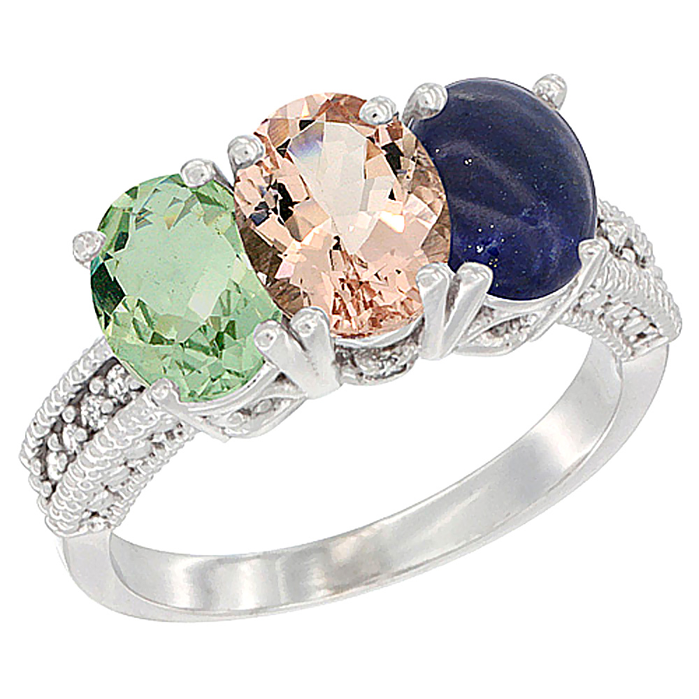 10K White Gold Natural Green Amethyst, Morganite &amp; Lapis Ring 3-Stone Oval 7x5 mm Diamond Accent, sizes 5 - 10