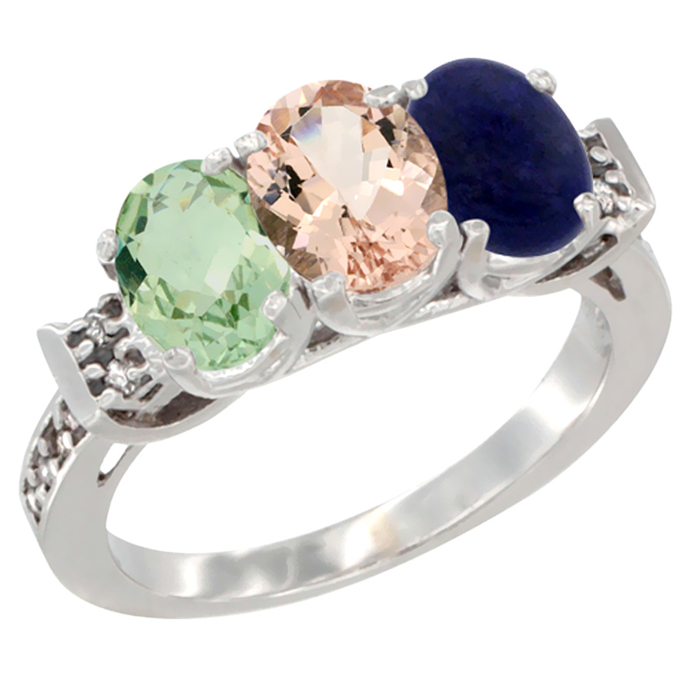 10K White Gold Natural Green Amethyst, Morganite & Lapis Ring 3-Stone Oval 7x5 mm Diamond Accent, sizes 5 - 10