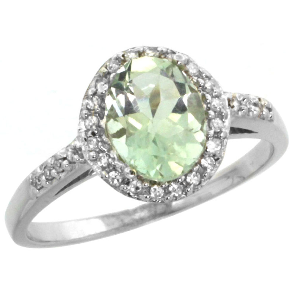 14K White Gold Diamond Natural Green Amethyst Ring Ring Oval 8x6mm, sizes 5-10