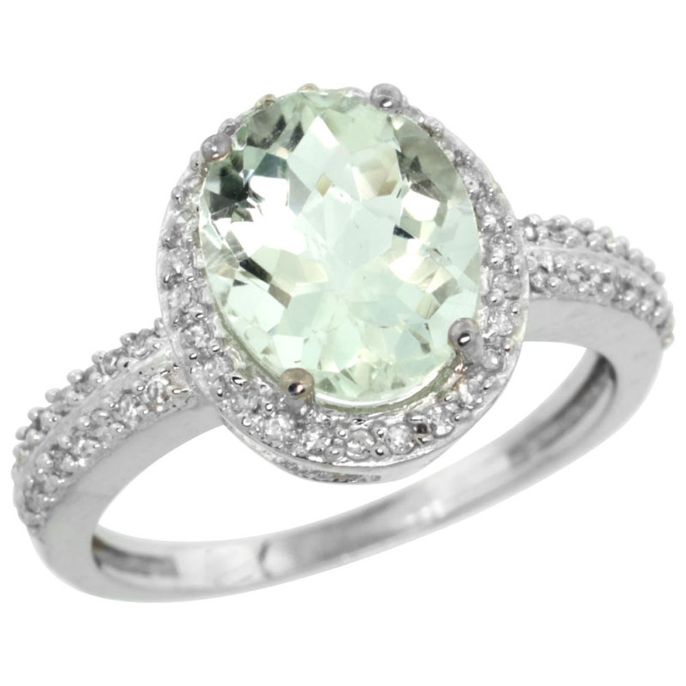 14K White Gold Diamond Natural Green Amethyst Engagement Ring Oval 10x8mm, sizes 5-10