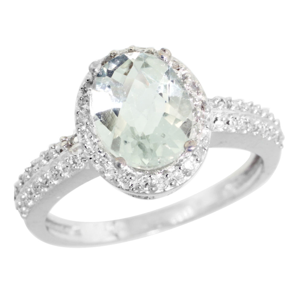 14K White Gold Diamond Natural Green Amethyst Ring Ring Oval 9x7mm, sizes 5-10