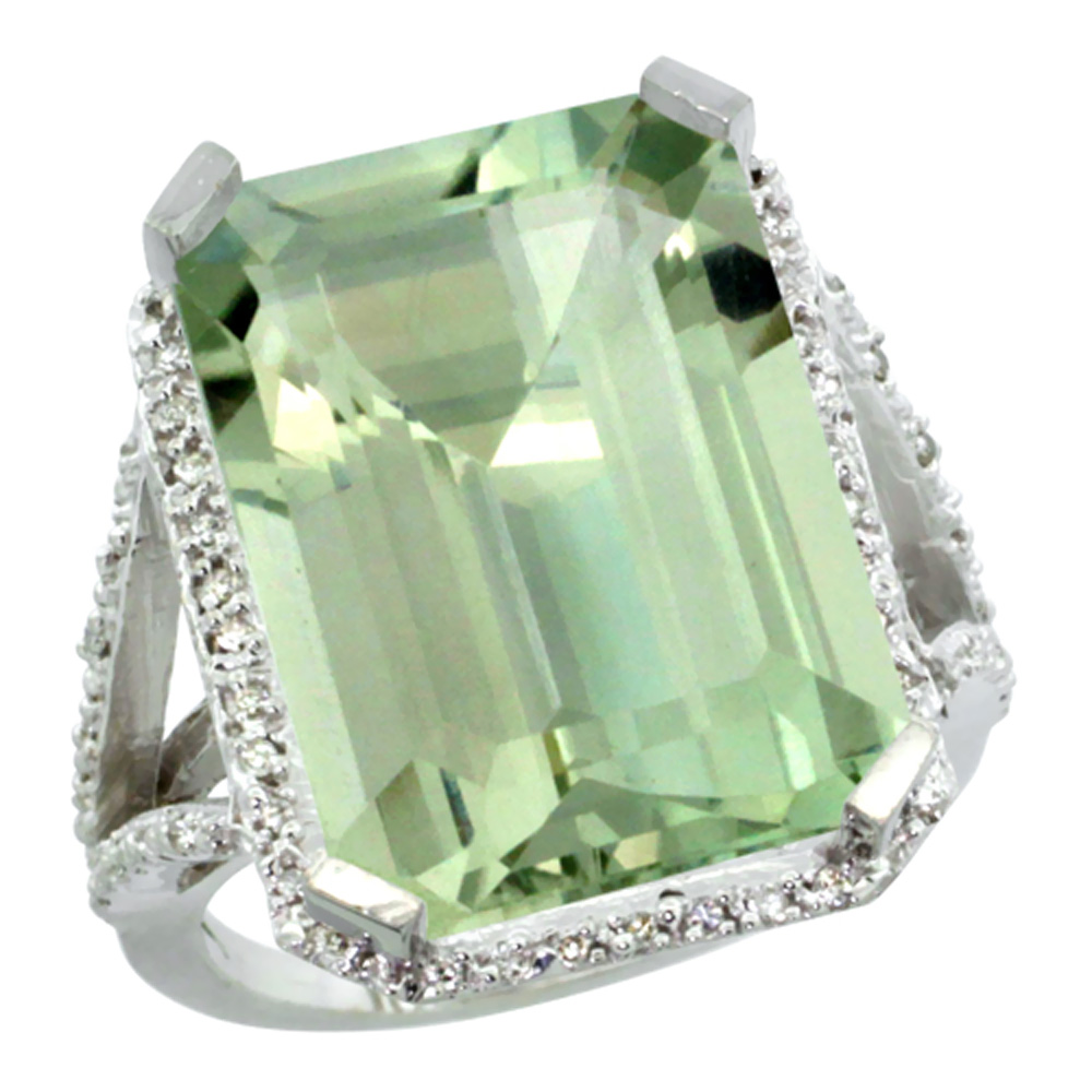 14K White Gold Natural Diamond Green Amethyst Ring Emerald-cut 18x13mm, sizes 5-10