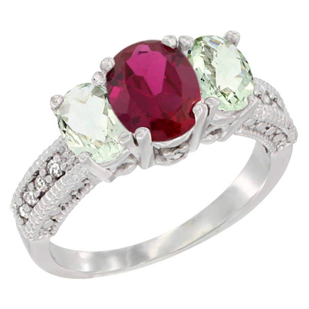 10K White Gold Diamond Quality Ruby 7x5mm &amp; 6x4mm Green Amethyst Oval 3-stone Mothers Ring,size 5 - 10