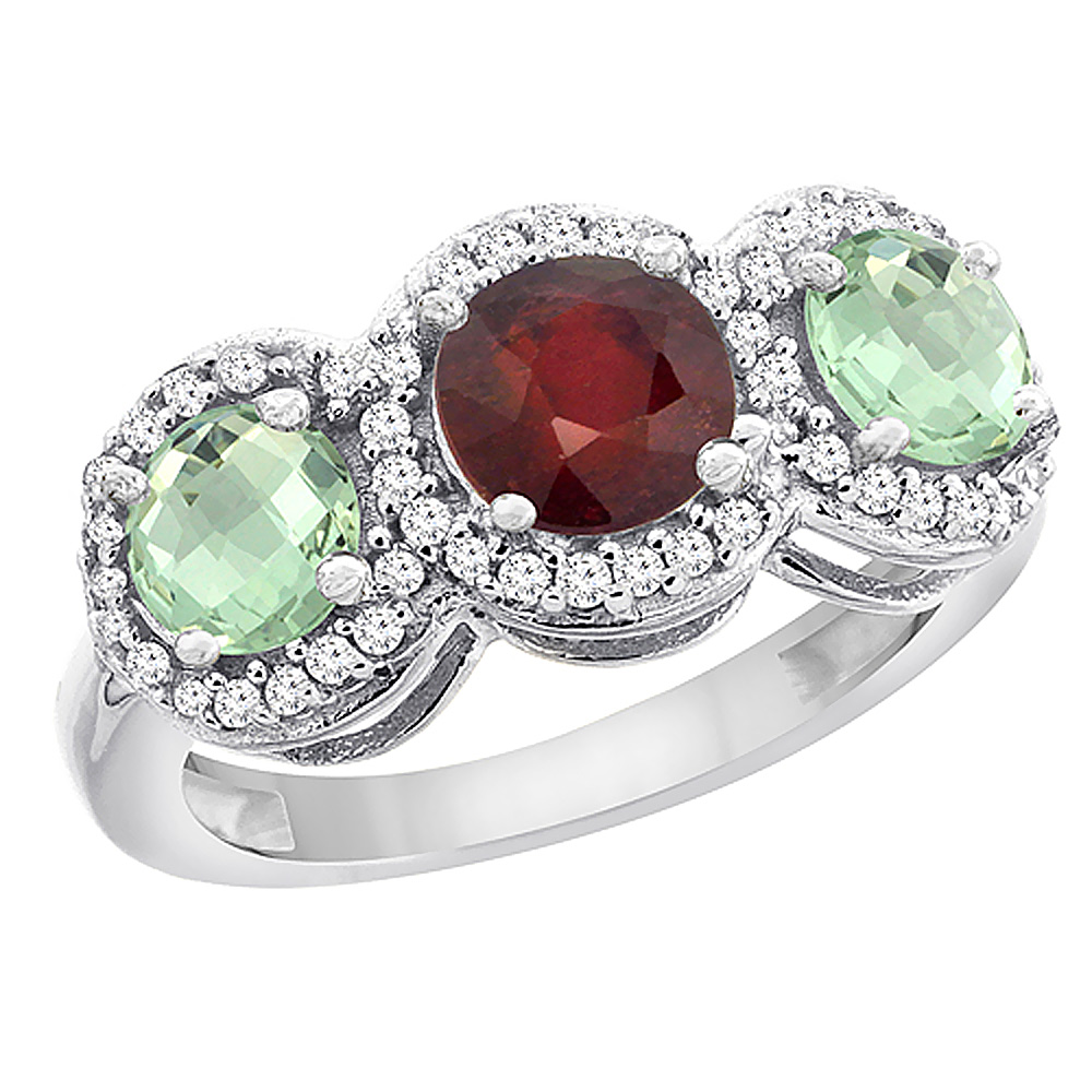 14K White Gold Enhanced Ruby &amp; Green Amethyst Sides Round 3-stone Ring Diamond Accents, sizes 5 - 10