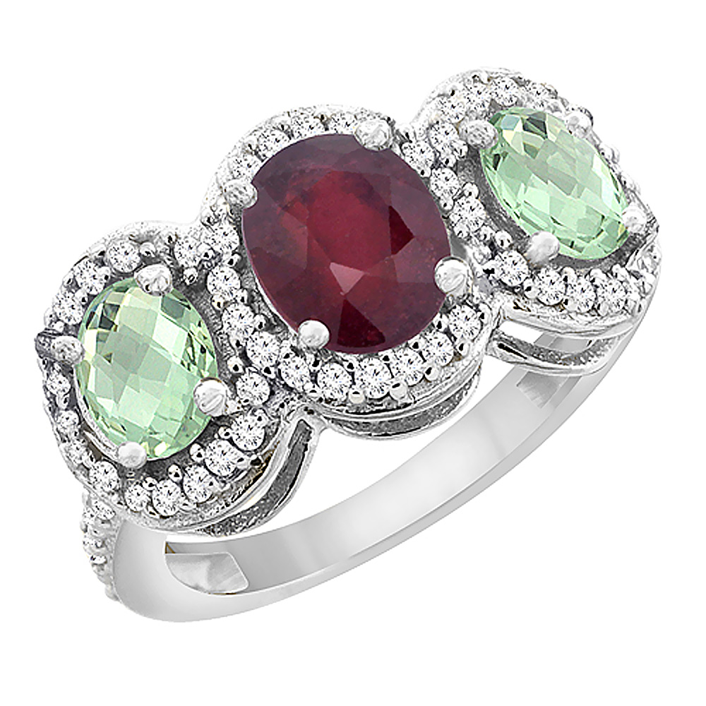 14K White Gold Natural Quality Ruby &amp; Green Amethyst 3-stone Mothers Ring Oval Diamond Accent, size 5-10