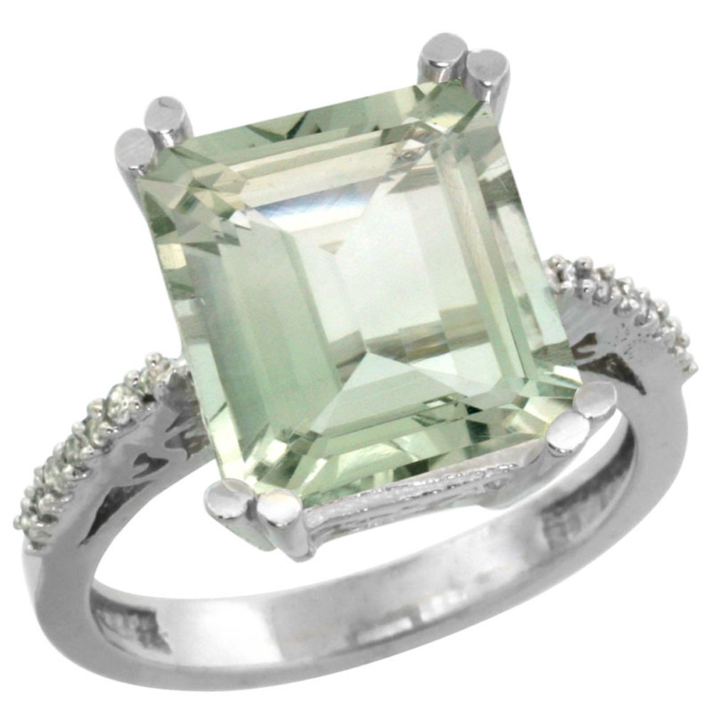 10K White Gold Genuine Diamond Green Amethyst Ring Emerald-cut 12x10mm sizes 5-10