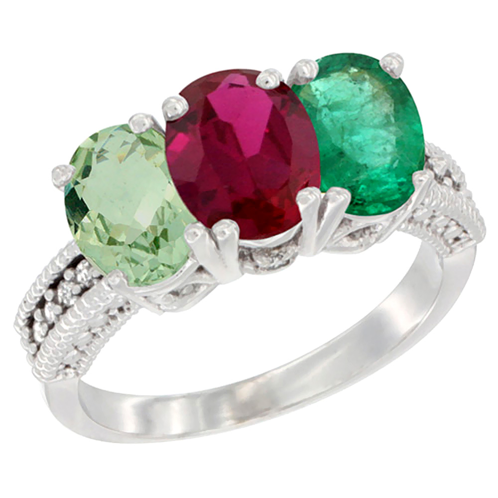 10K White Gold Natural Green Amethyst, Enhanced Ruby &amp; Natural Emerald Ring 3-Stone Oval 7x5 mm Diamond Accent, sizes 5 - 10